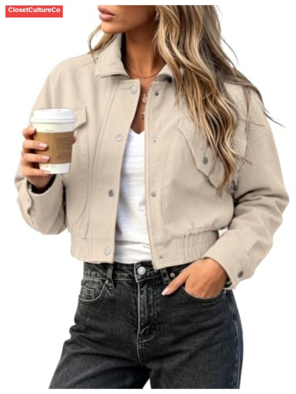 Cropped Bomber Jacket Snap Pockets Button Front Casual